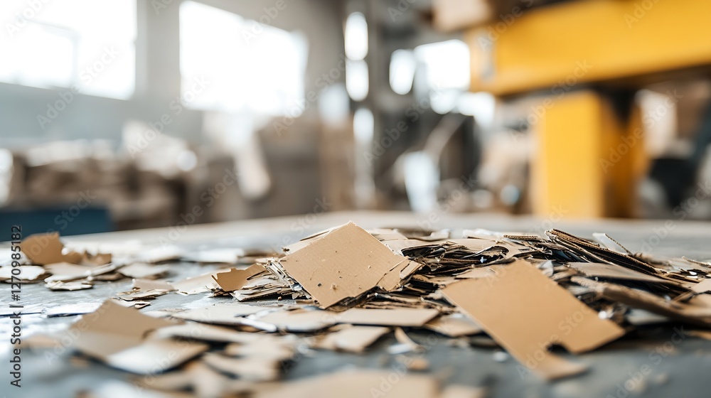 Poster Scattered pieces of cardboard remnants in a work environment with soft focus : Generative AI