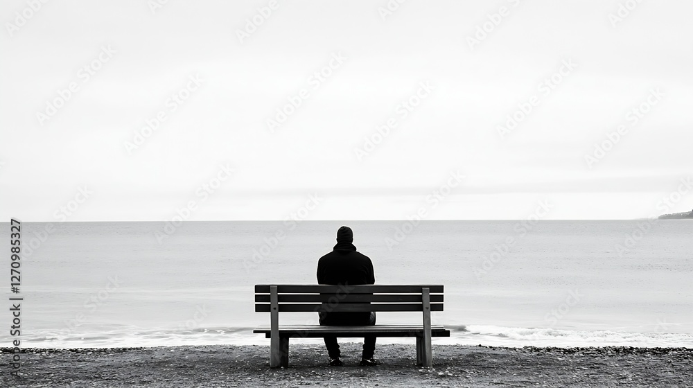 Aufkleber Lonely figure looking out over the ocean while seated on a bench exuding a sense of calmness and introspection : Generative AI