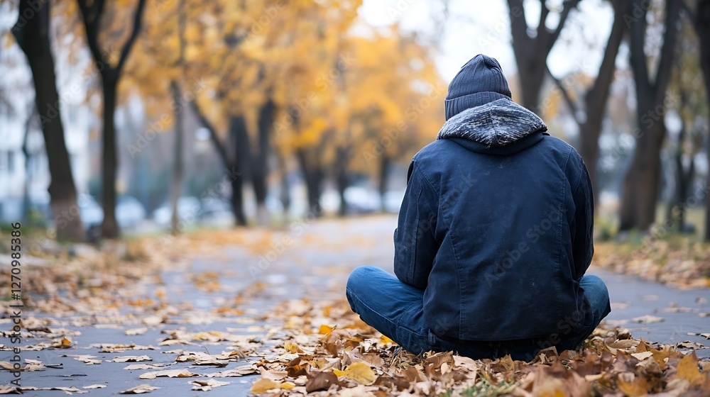 Aufkleber Man sitting crosslegged on a pathway covered with autumn leaves in a serene park setting : Generative AI
