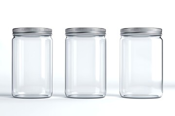 Three clear glass jars with silver lids on white background