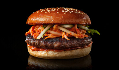 A delicious burger with a sesame seed bun, topped with pulled pork and fresh vegetables, set against a dark background.
