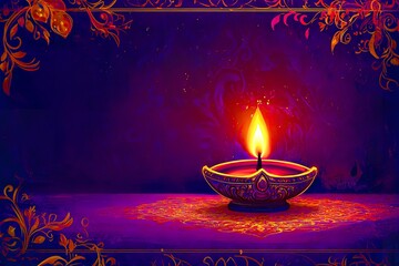 Vibrant Diwali Festive Background with Ornate Illuminated Oil Lamp and Intricate Floral Design Elements on Purple Joy Art Gold    