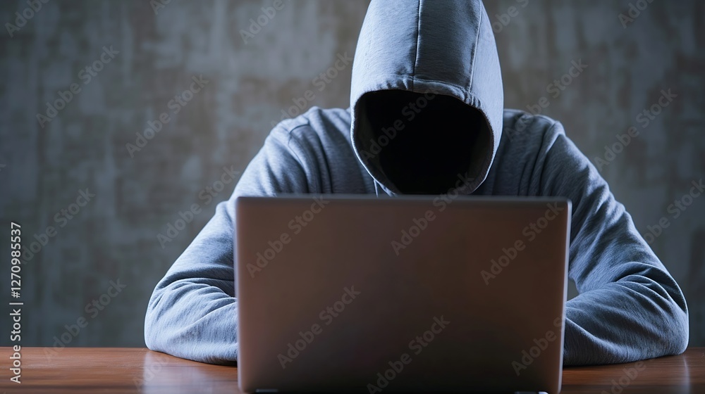Poster Cloaked Figure in Hoodie Using Laptop in Dimly Lit Environment with Mysterious Atmosphere : Generative AI