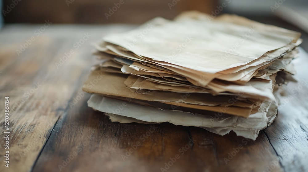Poster stack of vintage papers resting on a rustic wooden table showcasing texture and history : generative