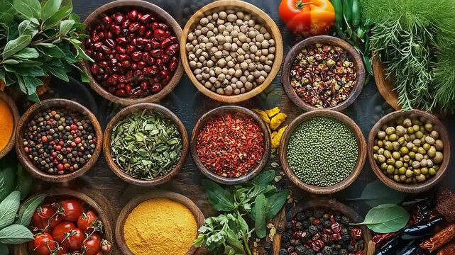 A vibrant assortment of spices and herbs in bowls, showcasing culinary diversity.