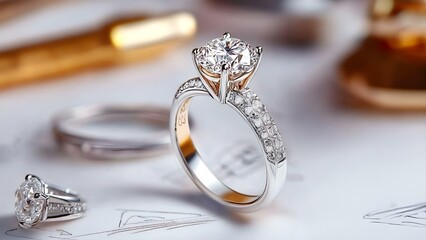 A close-up of an elegant diamond engagement ring with intricate detailing, positioned on a sketch or design background. Concept Elegant Diamond Ring, Intricate Detailing, Close-Up Photography
