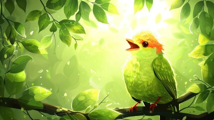 A vibrant, singing bird perched on a branch, surrounded by lush green leaves and soft light.