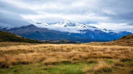 Majestic SnowCapped Mountains Surrounded by Rolling Hills on a Dramatic Cloudy Day : Generative AI