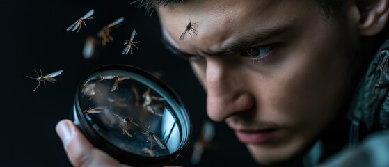 Young man holding a magnifying glass in his hand and looking at a group of flies flying around him. the man appears to be deep in thought, with a serious expression on his face.