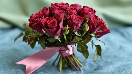 Fototapeta premium Close-up view of elegant red roses bouquet with satin ribbon in a romantic indoor floral setting