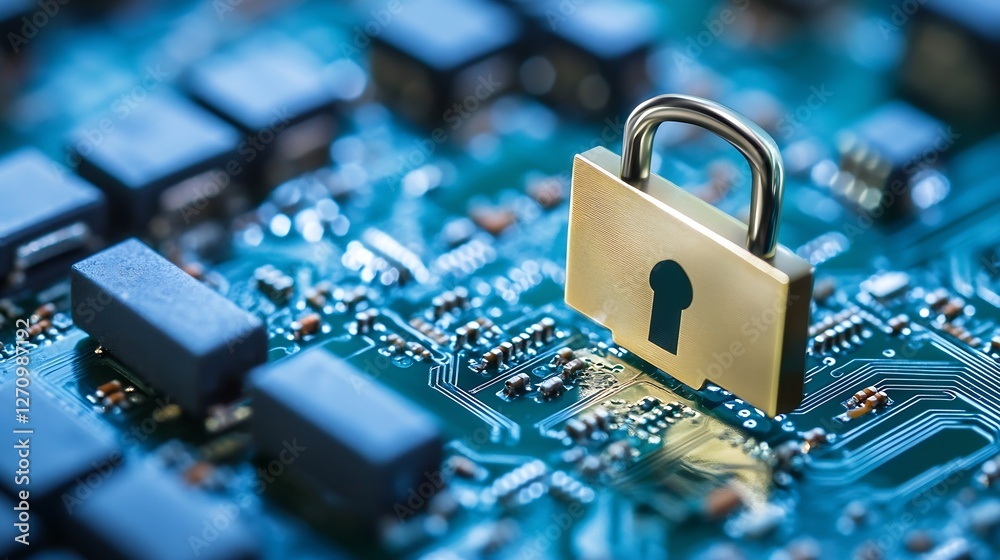 Poster Golden padlock on a circuit board symbolizing data security and protection : Generative AI