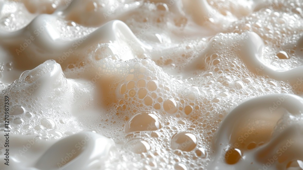 Poster Viscous soap foam glistens under soft light, revealing intricate patterns and bubbles. The creamy surface swirls rhythmically, evoking a sense of calmness and cleanliness in a peaceful environment