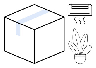Box with tape, air conditioner emitting air, and potted plant. Ideal for shipping, warehouse, e-commerce, logistics, indoor environment climate control home comfort. Simple black outline abstract