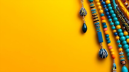A colorful arrangement of various beads and jewelry pieces on a vibrant yellow background. Concept Bead Arrangement, Jewelry Display, Vibrant Yellow Background, Crafting Inspiration