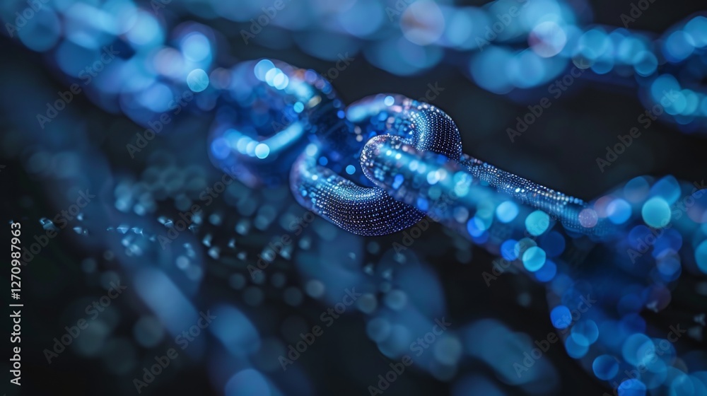 Poster A detailed view of a blue chain links intertwined, capturing the light reflecting off its surface. The vibrant hues and textures create a unique visual appeal.