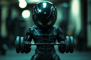 Strong figurine lifting weights in a dimly lit gym environment during a late evening workout session