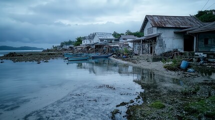 Impending tsunami threat in coastal village just moments away tranquil seaside setting dramatic atmosphere