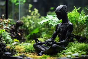 Fototapeta premium Intriguing alien sculpture meditates amid lush greenery in a tranquil indoor setting