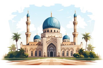 A large blue dome building with a white roof and a white minaret