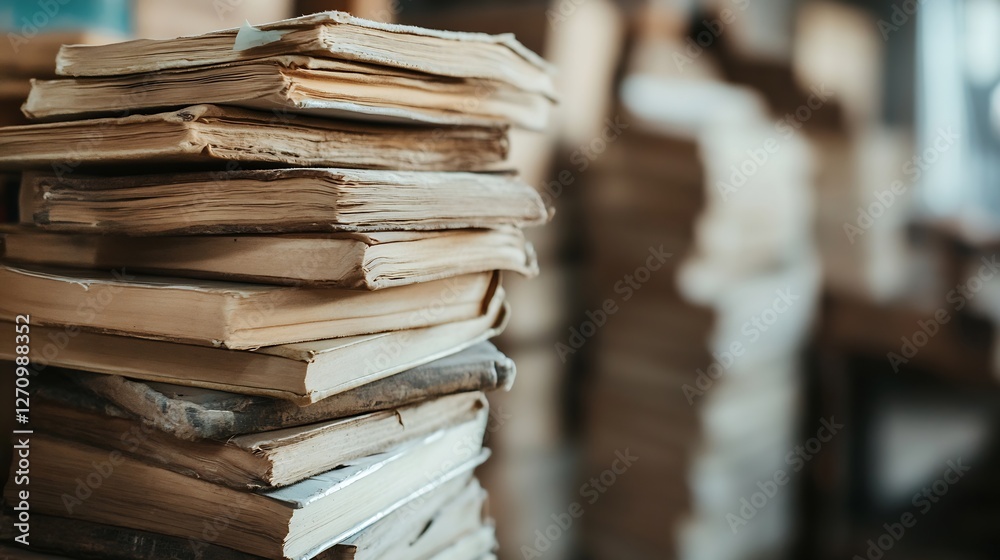 Poster a stack of old books in a cozy library environment illustrating education and knowledge preservation
