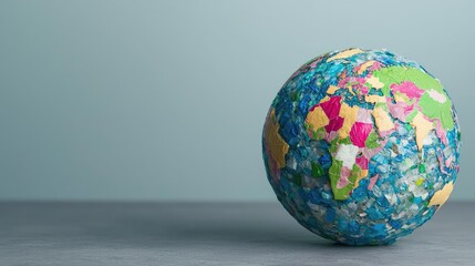 Plastic pollution concept. Colorful globe made from recycled materials symbolizes environmental awareness.