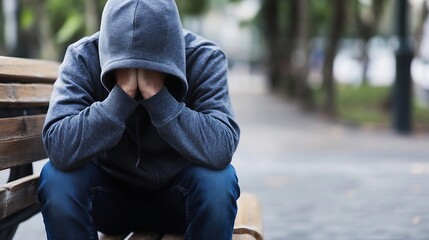 Young man in a hoodie sitting on a wooden bench looking down in silence and despair : Generative AI
