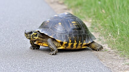 Obraz premium Turtle crossing road, roadside grass, nature, wildlife