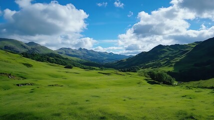 Breathtaking view of rolling green hills under a blue sky with fluffy white clouds : Generative AI