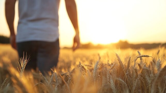 Man walking through a golden wheat field at sunset creating a sense of peace and reflection : Generative AI - Powered by Adobe