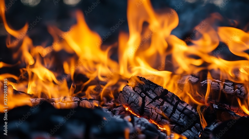 Poster dynamic capture of roaring flames and glowing coals in a campfire creating a cozy atmosphere : gener