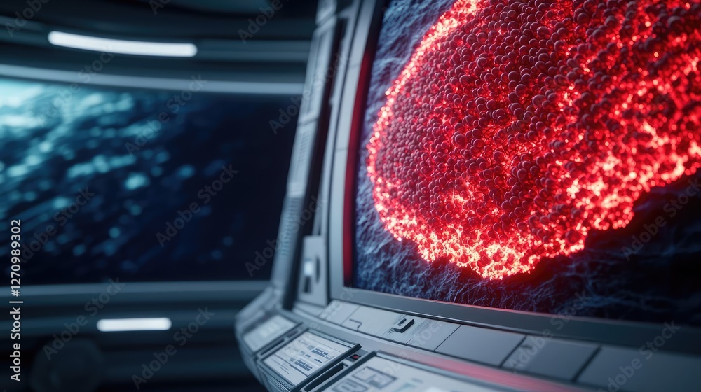 Aufkleber plastic pollution concept. close-up view of a futuristic monitor displaying a glowing red sphere in 