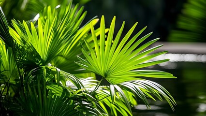 Lush green palm leaves with vibrant colors, showcasing the beauty of tropical foliage against a blurred background. Concept Tropical Foliage, Vibrant Colors, Palm Leaves, Nature Photography