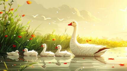 Obraz premium A serene scene of a mother goose and her goslings swimming in a tranquil pond at sunset.