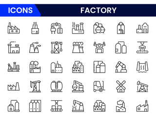 Factory icon set. Containing industry, production, machine, manufacture, warehouse, fabrication, goods and more. icons collection.
