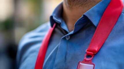 Close-up of a man in a blue shirt wearing a red lanyard, showcasing a professional setting outdoors