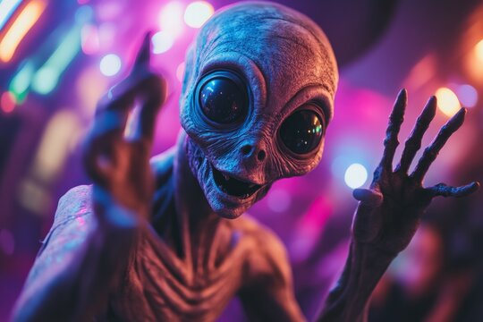 Alien figure with large eyes and intricate features interacts with vibrant lights at a sci-fi themed event in an urban setting