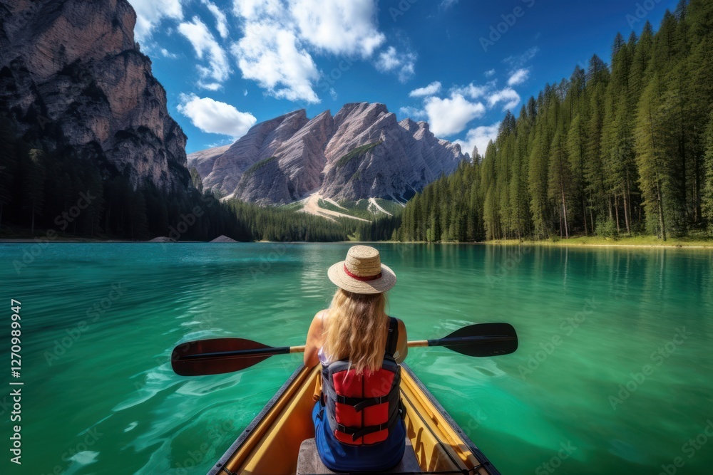 Wall mural Young woman kayaking lake lifejacket mountain.