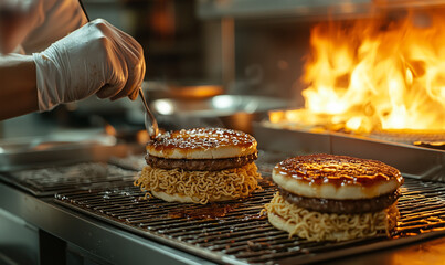 A chef prepares gourmet burgers with noodles on a grill, surrounded by flames, capturing the excitement of culinary creativity.