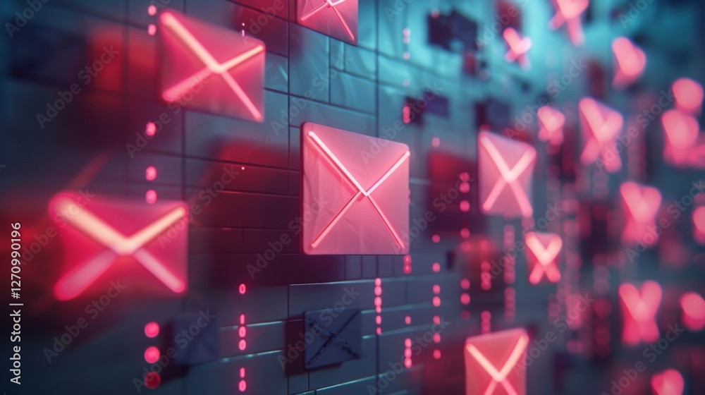 Poster neon pink mail icons illuminate a dark backdrop, symbolizing vibrant digital communication in a cont