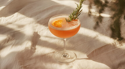 Elegant cocktail with citrus garnish and rosemary sprig, set against a soft, sunlit backdrop.