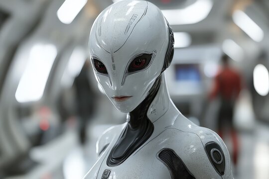Futuristic android in a sleek, high-tech environment showcasing advanced design and technology