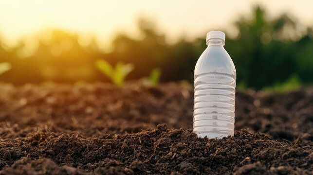 Plastic pollution idea. Plastic bottle abandoned in soil, highlighting pollution and environmental issues.