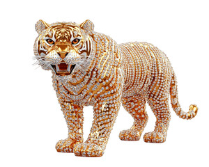 Fototapeta premium stunning golden tiger statue encrusted with diamonds, showcasing fierce details and majestic presence. This exquisite piece captures essence of strength and beauty