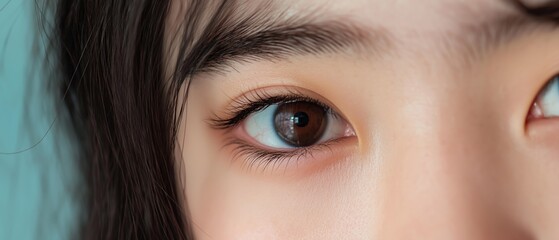 Naklejka premium Close-up of a child's eye. the eye is the focal point of the image, with the pupil in the center and the eyelashes on the left side.