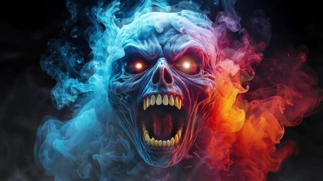 smoky and scary Skull head with Glowing Red Eyes on black background