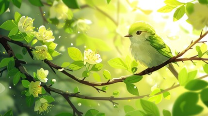 Obraz premium A vibrant green bird perched on a branch among blossoms and leaves, illuminated by sunlight.