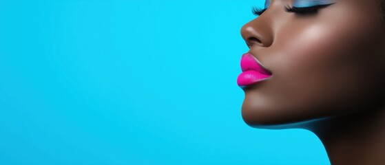 Close-up portrait of a woman's face. the background is a solid turquoise color, and the focus is on her face. she has dark skin and her eyes are closed, with her eyelashes slightly parted.