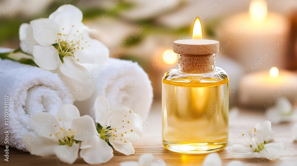 Aufkleber essential oil bottle surrounded by fresh flowers and lit candles creating a calming spa scene : gene