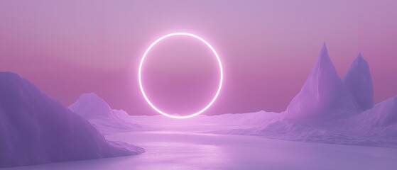 Digital illustration of a futuristic landscape with a pink and purple gradient background. in the center of the image, there is a large, circular ring of light that appears to be glowing in the dark.