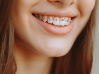 Fototapeta premium Metal braces on white female teeth